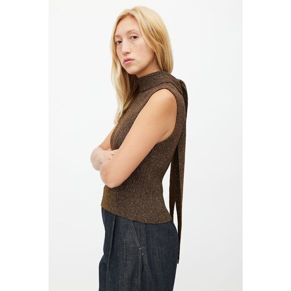 Ganni Metallic Rib Knit Tie Back Top Womens Size XL Gold Black NWT Retail $ 225 - Picture 7 of 16